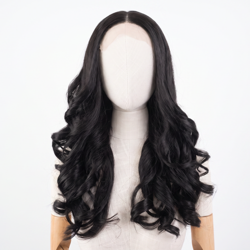 Long black wavy wig with a center part, displayed on a mannequin head against a plain white background.